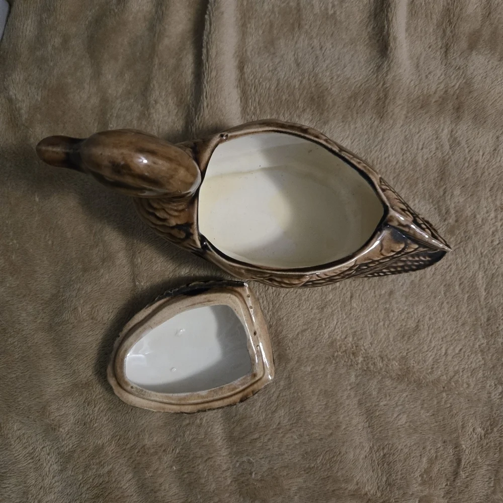 Lidded Brown Glazed Duck Vintage Trinket Dish Decor - Picture 2 of 4